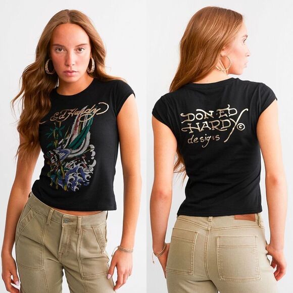 Ed Hardy Tops - Ed Hardy Wome's Size XL Black Peacock Baby Tee Cap Sleeve Graphic T-Shirt Y2K